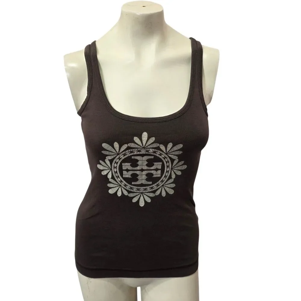 Tory Burch Brown Logo Graphic Pima Cotton Tank Top Womens Small Sleeveless Peru
